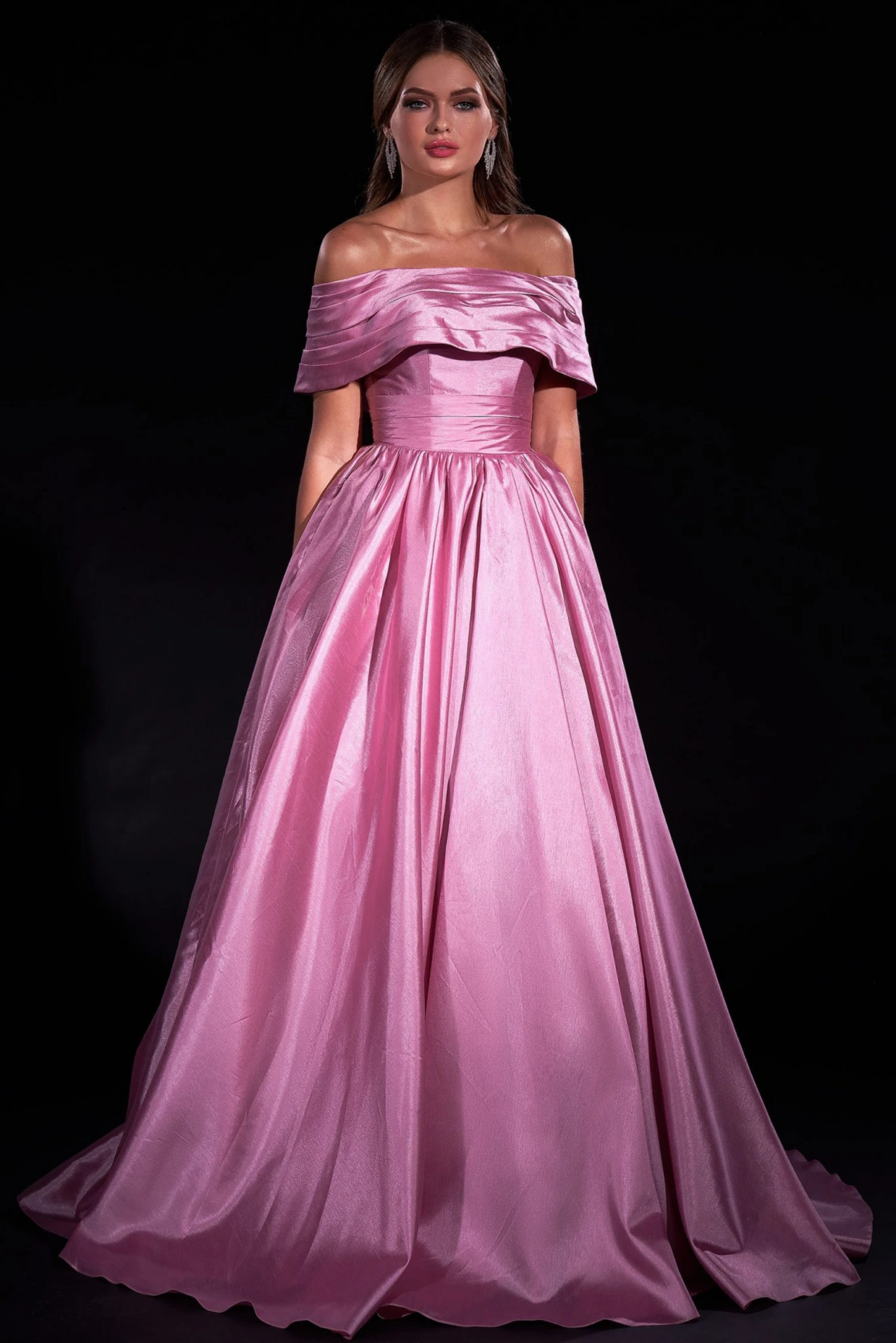 Luxurious pink satin off-shoulder ball gown with fitted bodice and full skirt, ideal for formal galas and elegant events